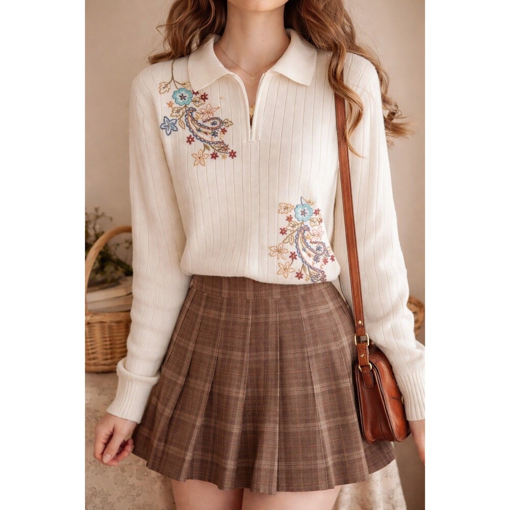 Ribbed Pointelle Sweater M Cream Embroidered Beaded Floral Twee Cottagecore Folk